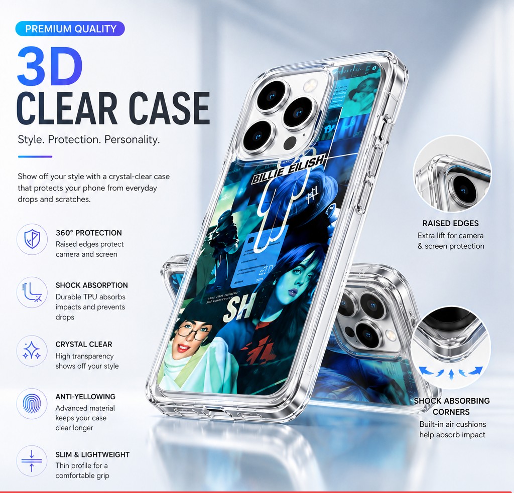 Premium custom 3D clear phone case — style, protection, personality
